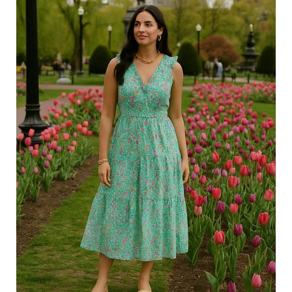 J. CREW Printed V-Neck Smocked Midi Dress Fresh Spring Green Floral Sz 8 {3N45} - Picture 1 of 7